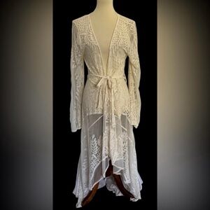 White Sheer Embroidered Kimono Duster